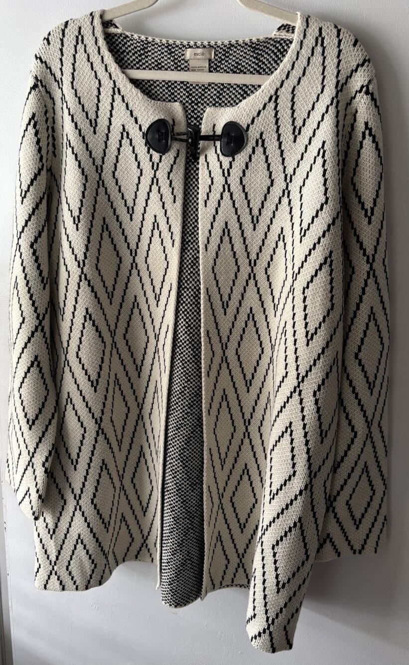 Anthropologie Esciô Cardigan Sweater XL Ivory Black Geometric Diamond Toggle